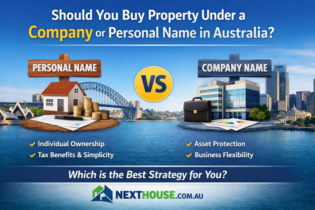 Comparison showing whether to buy property in Australia under a personal name or company name, highlighting tax, ownership and asset protection differences.